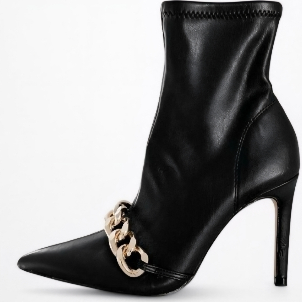 Zara Black Stiletto Ankle Boots with Gold Chain Size 38